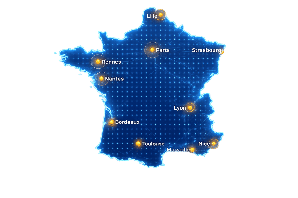 Carte des zones d'intervention en France pour une animation réalité virtuelle